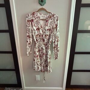 LOFT Red and White Long Sleeve Sundress with V-Neck